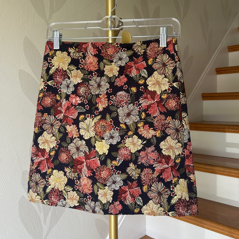 LOFT Navy Pencil Skirt with Colorful Embroidered Flowers